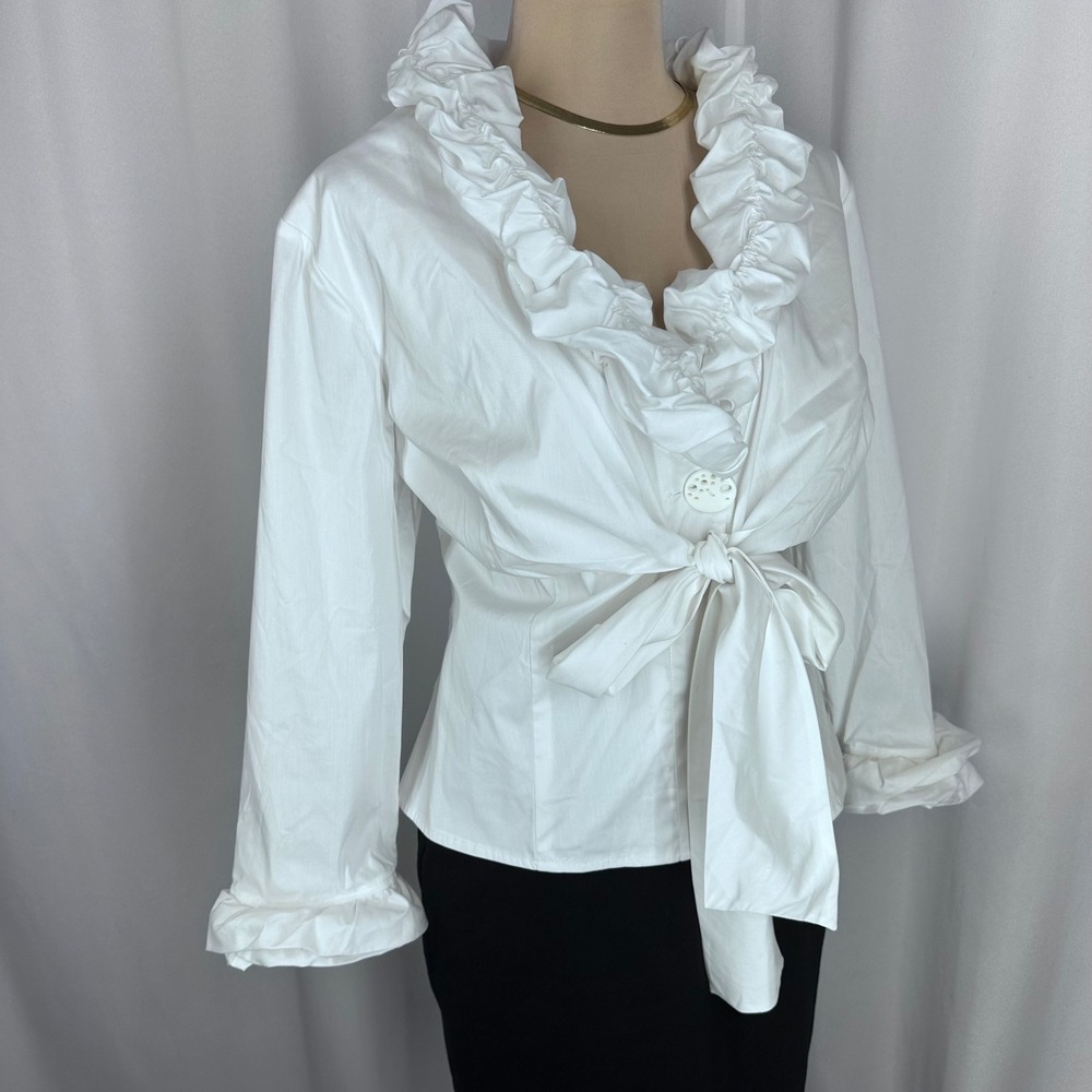 Samuel Dong White Ruffle Collar Tie Front Blouse Size XL